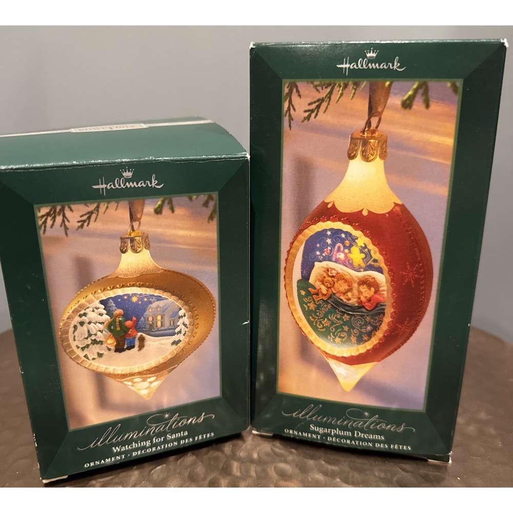 Set 2 Hallmark Illuminations Light Up Christmas Ornament Santa Sugarplum Dreams